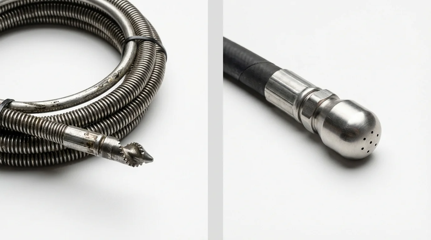 Drain snake cable and hydro jetting nozzle used for drain cleaning in Fessenden, ND