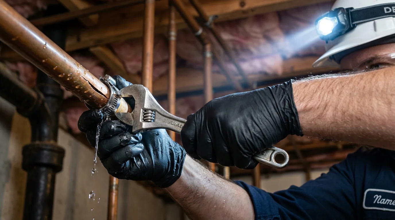 Emergency pipe clamp repair being performed by a Johns Plumbing LLC plumber in Fessenden