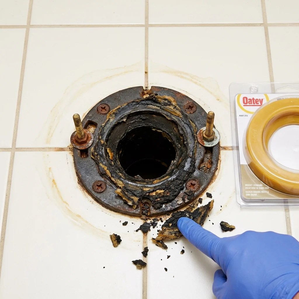 Failed wax ring showing water seepage at the base of a toilet in a Fessenden, ND home