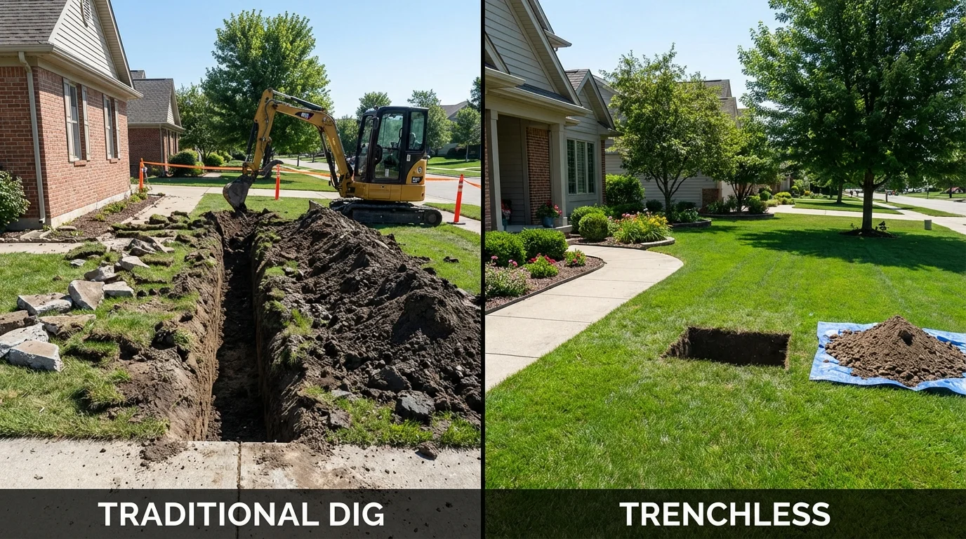 Trenchless sewer repair with minimal yard damage versus traditional excavation in Fessenden, ND