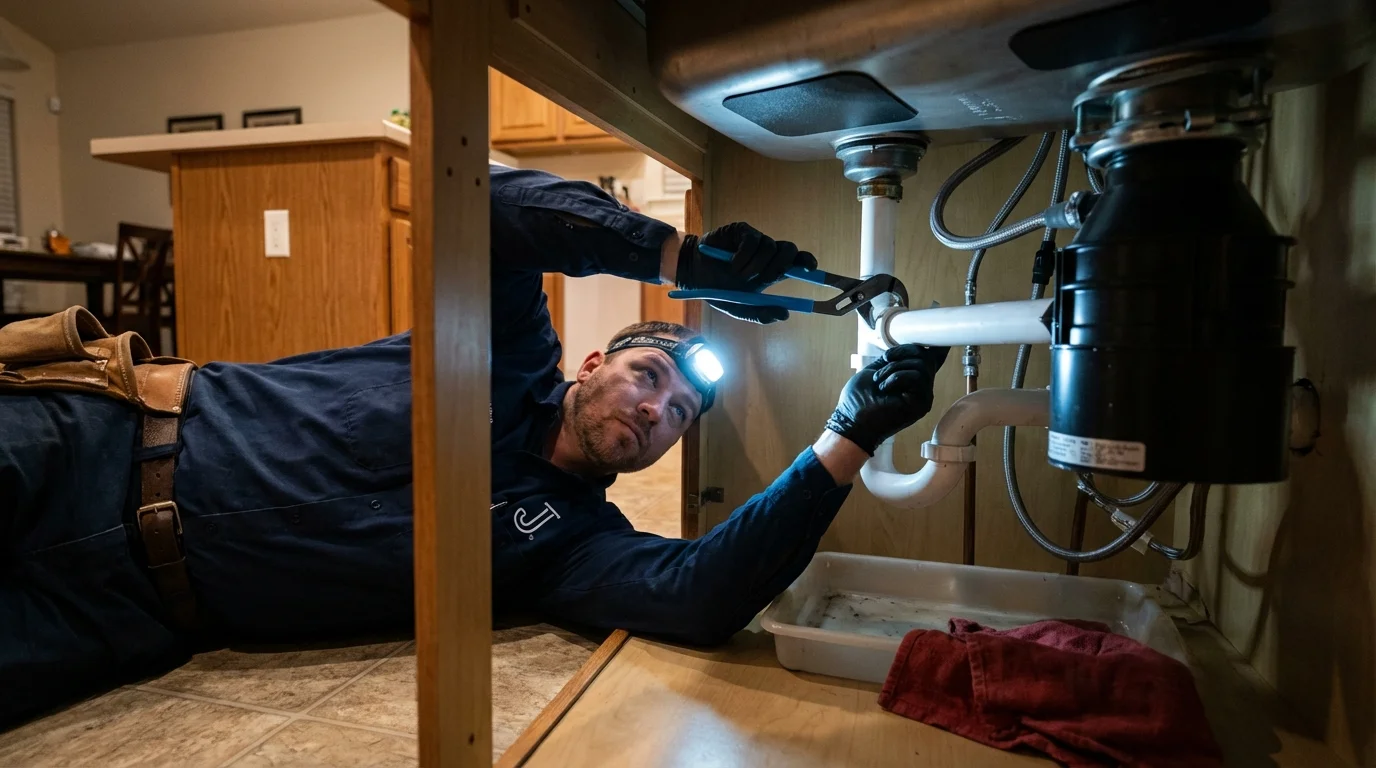 P-trap and supply line connections under a kitchen sink showing a common leak point in Fessenden, ND
